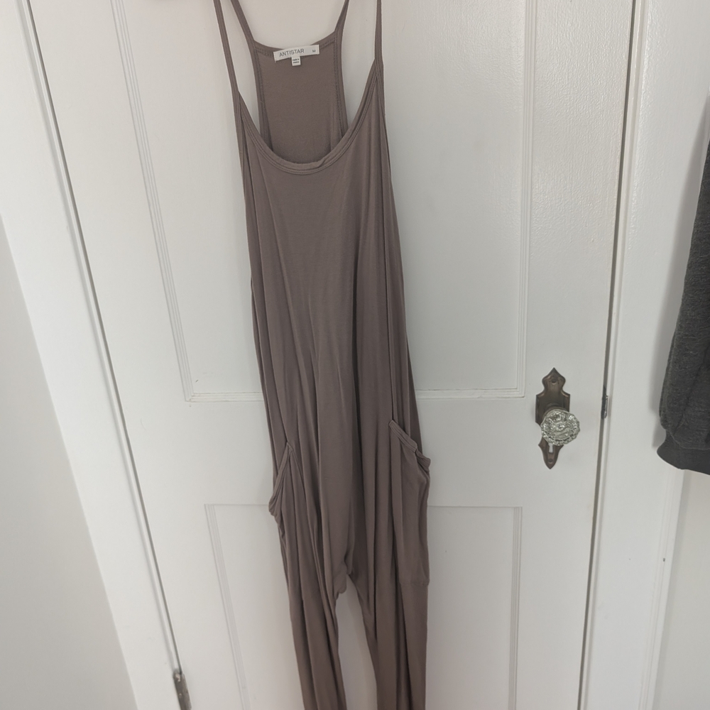 Sleeveless Taupe Jumper Romper with Pockets - Picture 1 of 2